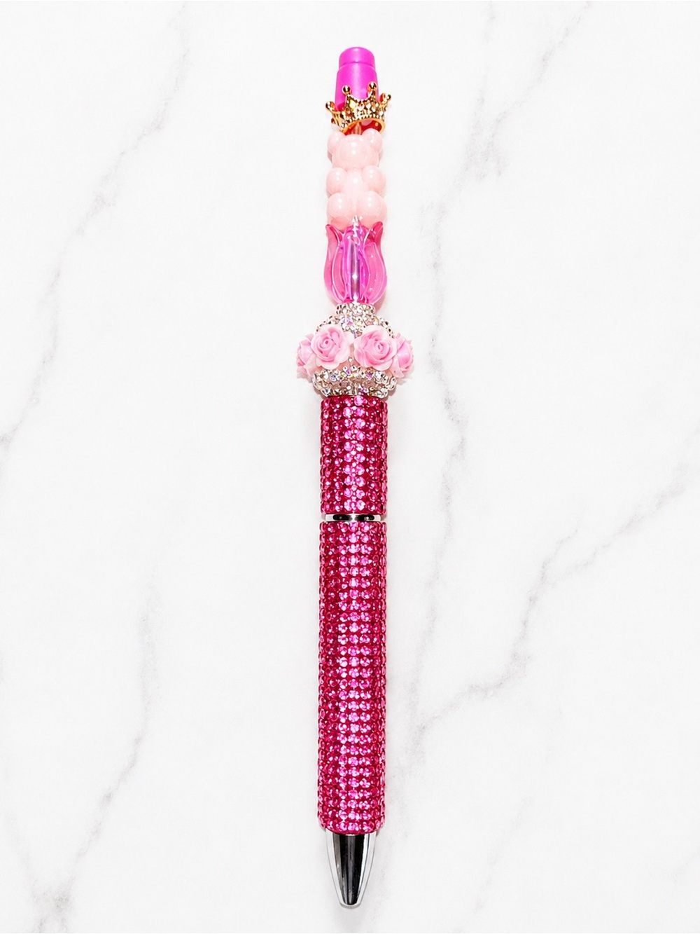 Handmade Pink Princess Bear Rose Beaded Rhinestone Pen